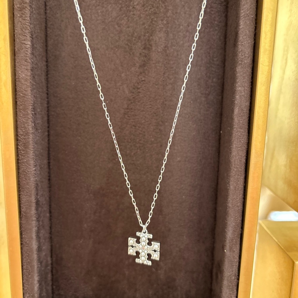 Tory Burch moondance Silver Tone Pave large Logo Pendant Necklace